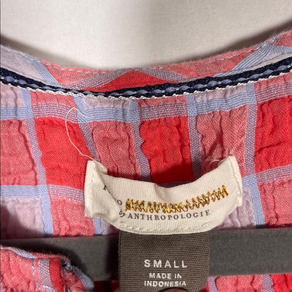 PILCRO ANTHROPOLOGIE WOMENS RED BLUE PLAID GINGHAM SLEEVELESS BLOUSE SMALL - Picture 2 of 4